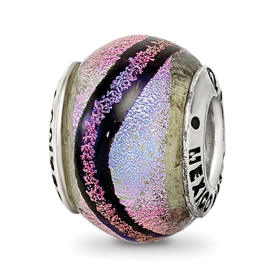 Sterling Silver Purple Dichroic Glass Bead with Stripes