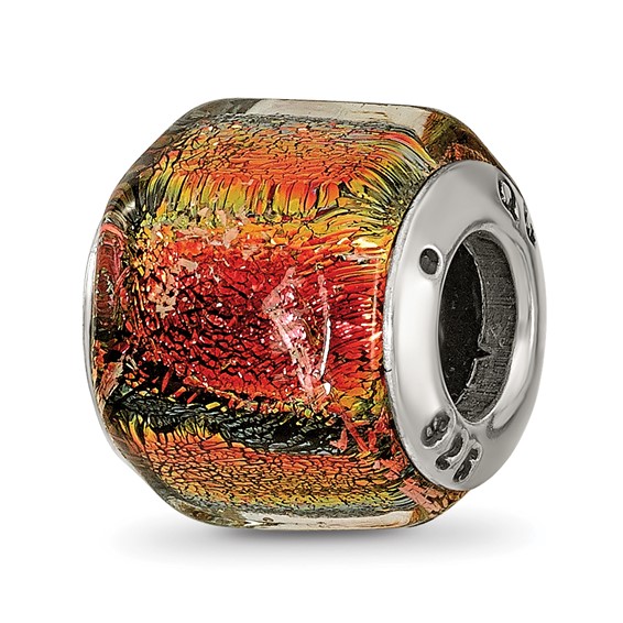 Sterling Silver Orange Yellow Shatter Barrel Dichroic Glass Bead