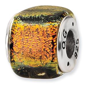 Sterling Silver Orange Dichroic Glass Square Bead