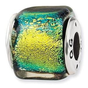 Sterling Silver Yellow Dichroic Glass Square Bead