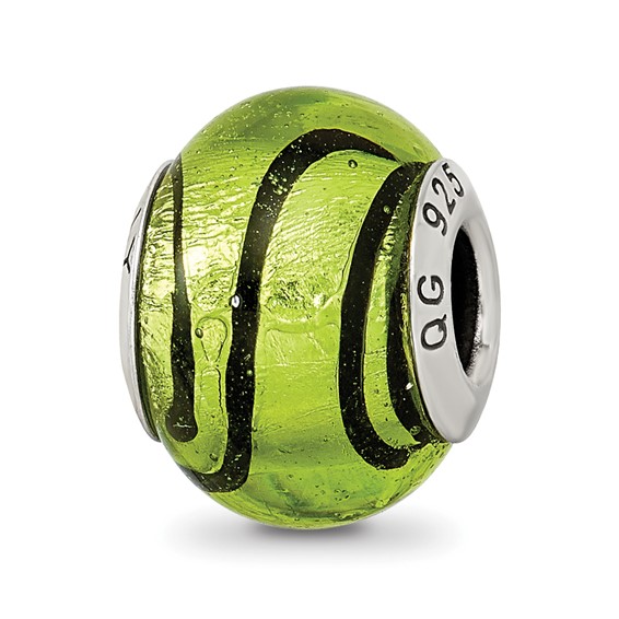 Sterling Silver Green Black Striped Italian Murano Bead