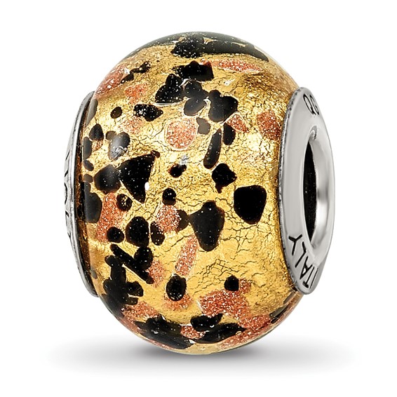 Sterling Silver Yellow Gold Black Spots Italian Murano Bead