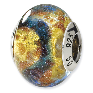 Sterling Silver Yellow Gold Pale Blue Italian Murano Bead