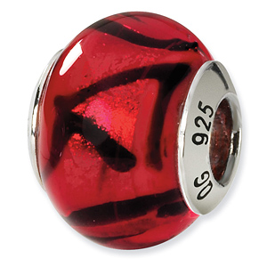 Sterling Silver Red Italian Murano Bead with Black Streaks
