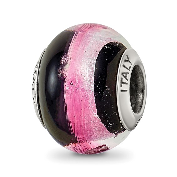 Sterling Silver Pink Black Italian Murano Bead