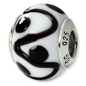 Sterling Silver White Black Swirl Italian Murano Bead