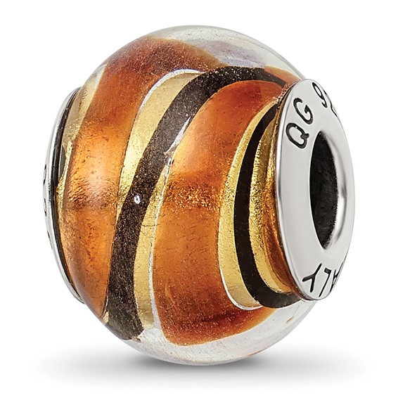 Sterling Silver Jupiter Swirl Orange Yellow Black Murano Glass Bead