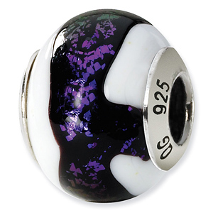 Sterling Silver Black Purple White Italian Murano Bead