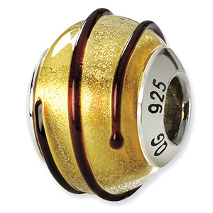 Sterling Silver Gold Italian Murano Bead with Brown Stripes