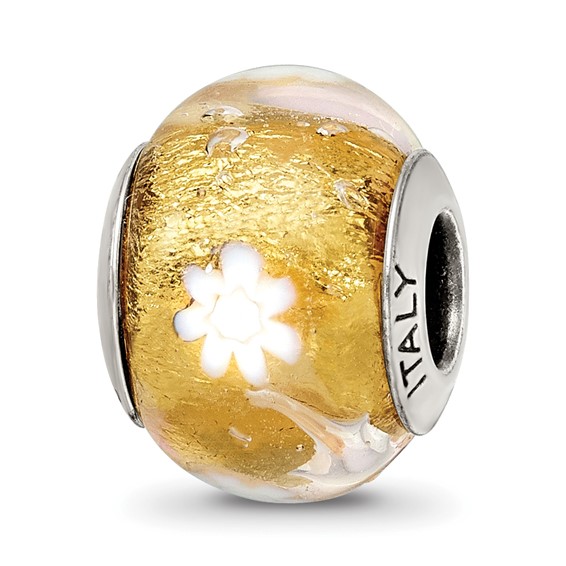 Sterling Silver Gold White Flower Italian Murano Bead