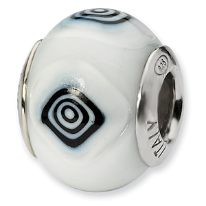 Sterling Silver White with Black Accents Italian Murano Bead