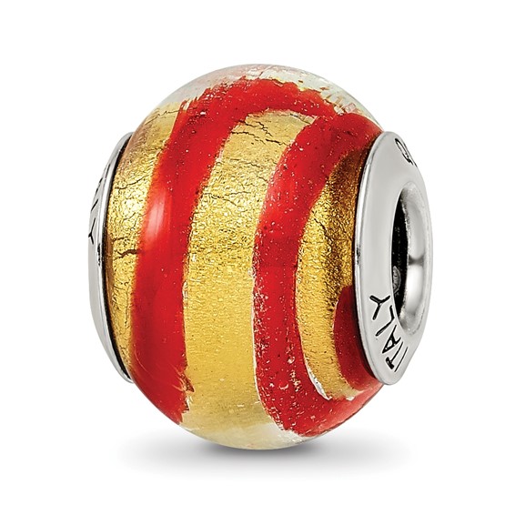Sterling Silver Gold Red Striped Italian Murano Bead