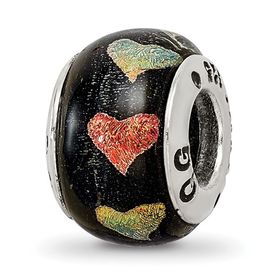 Sterling Silver Reflections Orange Green Hearts Dichroic Glass Bead