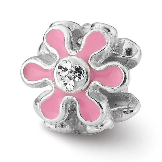 Sterling Silver Reflections Pink Enameled with CZ Flower Bead