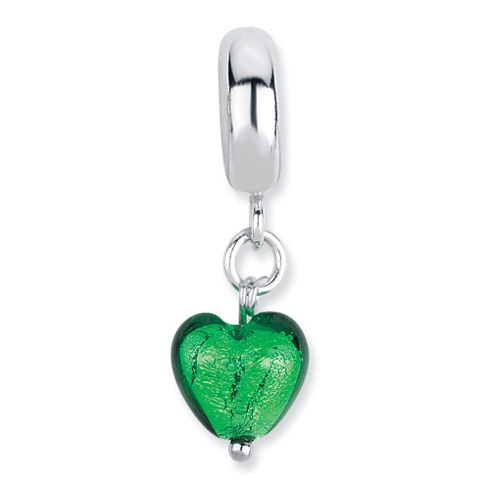 Sterling Silver Reflections Green Heart Italian Murano Dangle Bead