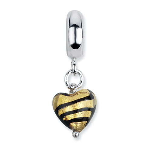 Sterling Silver Heart Gold Black Stripes Murano Dangle Bead