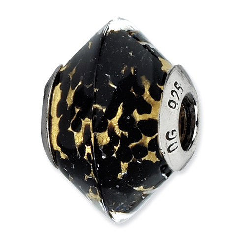 Sterling Silver Reflections Beveled Black Yellow Murano Glass Bead