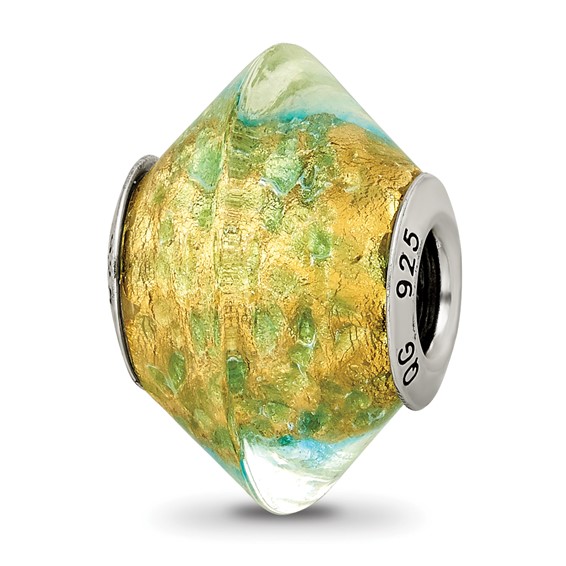Sterling Silver Reflections Yellow Teal Italian Murano Glass Bead