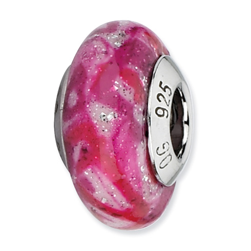 Sterling Silver Reflections Hot Pink and Glitter Overlay Glass Bead