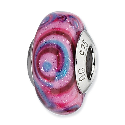 Sterling Silver Reflections Pink Blue Swirls Overlay Glass Bead
