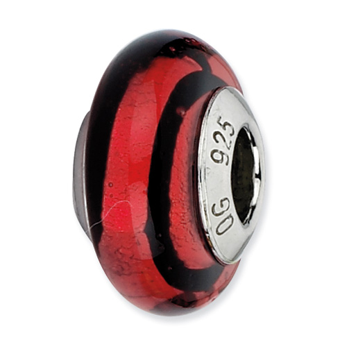 Sterling Silver Reflections Red Black Stripes Slender Murano Bead