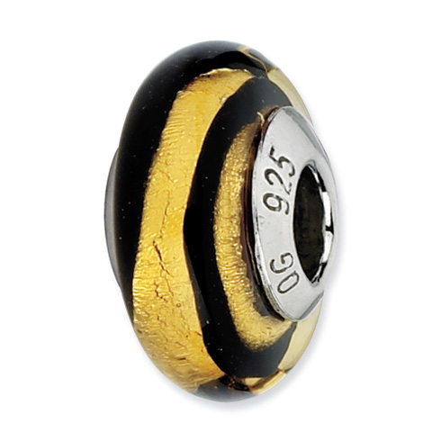 Sterling Silver Reflections Gold Black Stripes Italian Murano Bead