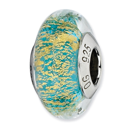 Sterling Silver Reflections Teal Gold Italian Murano Glass Bead