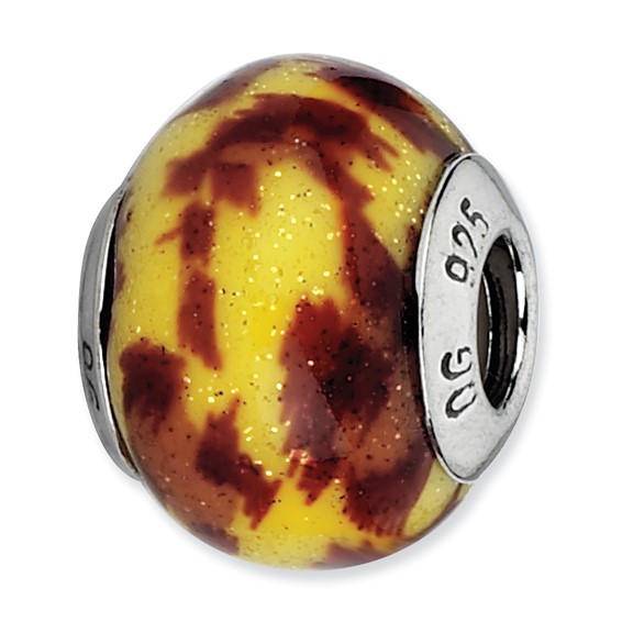 Sterling Silver Yellow and Brown Glitter Overlay Glass Bead