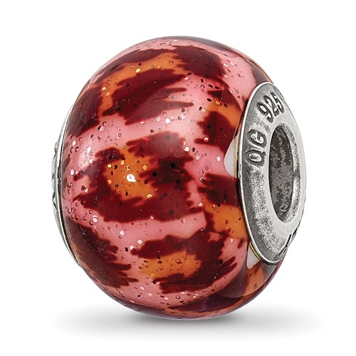 Sterling Silver Reflections Pink and Brown Glitter Overlay Glass Bead