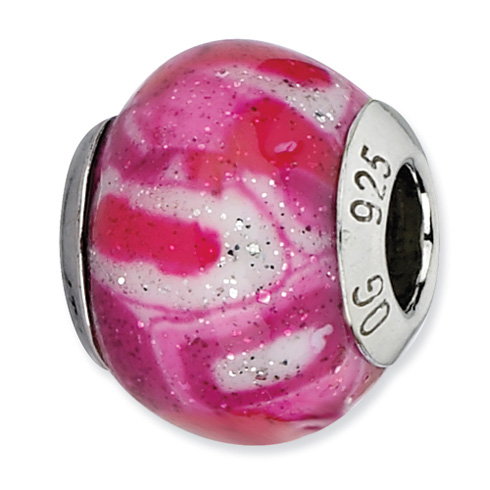 Sterling Silver Reflections Hot Pink with Glitter Overlay Glass Bead