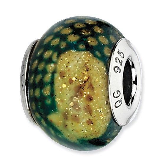 Sterling Silver Green Python Glitter Overlay Glass Bead