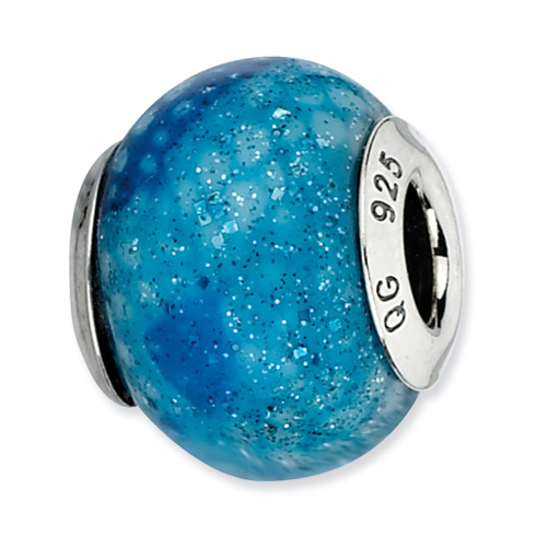 Sterling Silver Reflections Round Blue Python Glitter Glass Bead