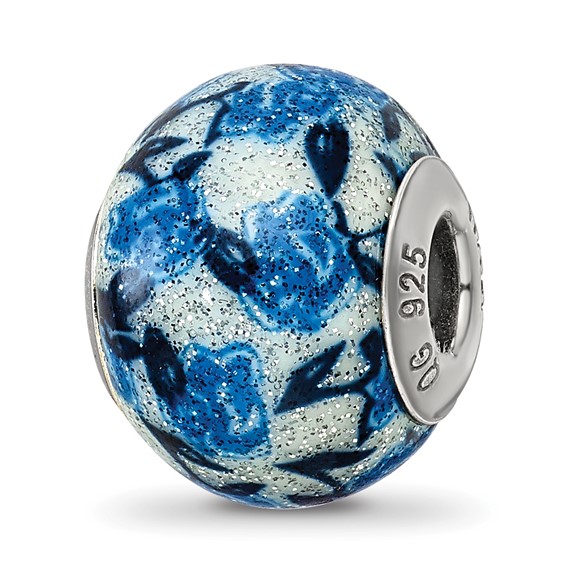 Sterling Silver Blue Rose Glitter Overlay Glass Bead