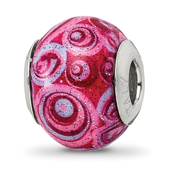 Sterling Silver Reflections Pink and Purple Swirls Overlay Glass Bead