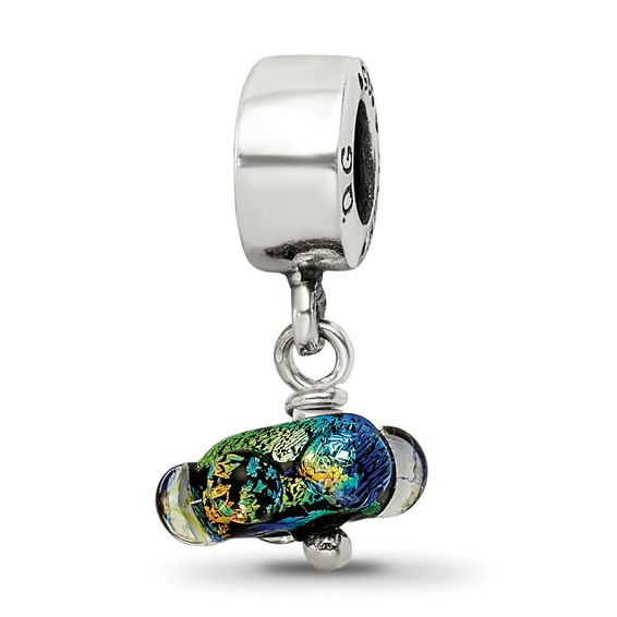 Sterling Silver Reflections Bumpy Green Dichroic Glass Dangle Bead