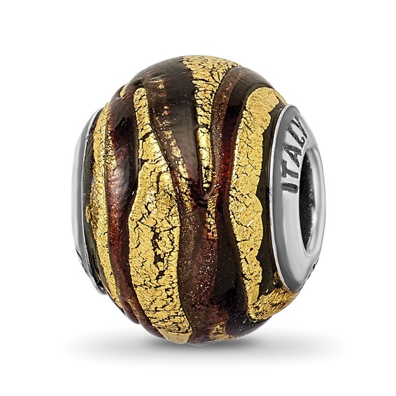 Sterling Silver Reflections Italian Brown and Gold Colored Glass Bead