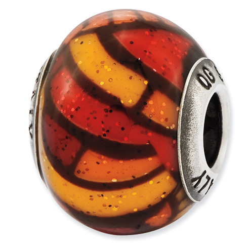 Sterling Silver Reflections Orange Decorative Overlay Glass Bead