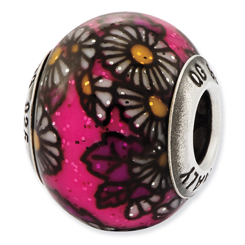 Sterling Silver Reflections Italian Pink Floral Overlay Glass Bead