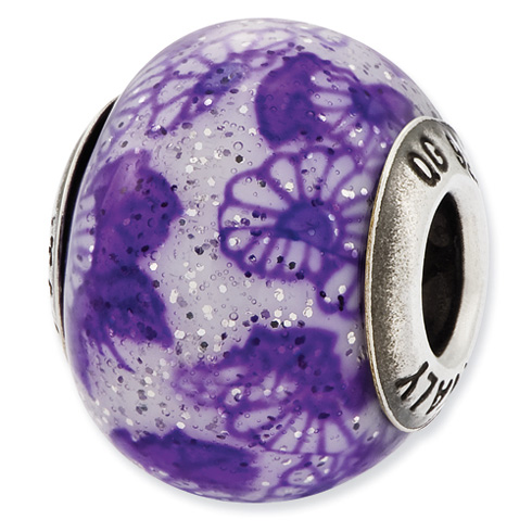 Sterling Silver Reflections Italian Purple Floral Overlay Glass Bead