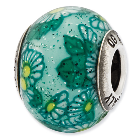 Sterling Silver Reflections Italian Teal Floral Overlay Glass Bead