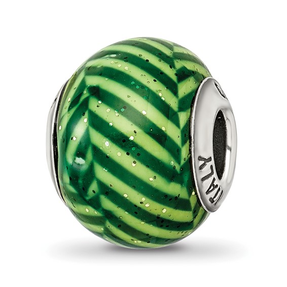 Sterling Silver Reflections Italian Green Stripes Glitter Glass Bead