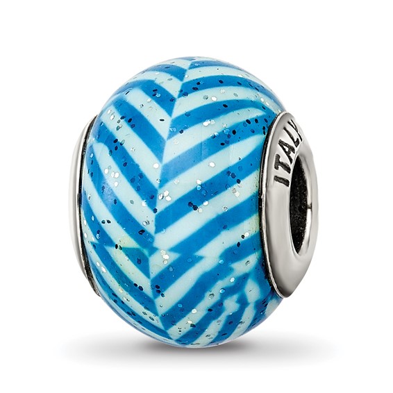 Sterling Silver Reflections Italian Blue Stripes Glitter Glass Bead