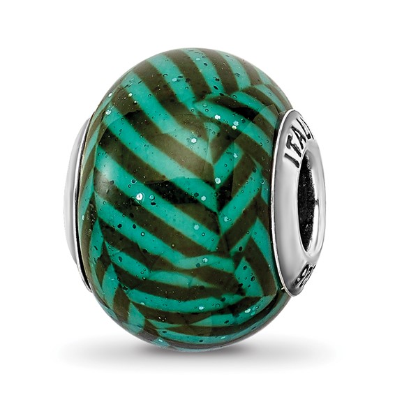 Sterling Silver Reflections Italian Teal Stripes Glitter Glass Bead