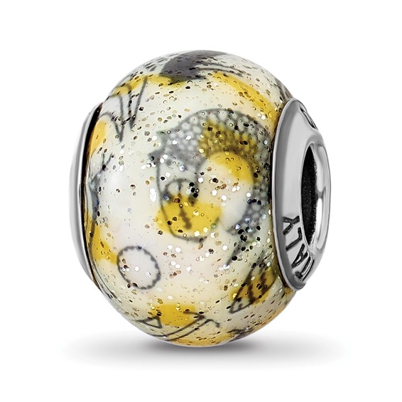 Sterling Silver Italian Decorative Yellow and White Glass Bead