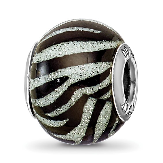 Sterling Silver Reflections Italian Black and White Stripes Glass Bead