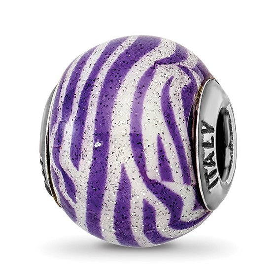 Sterling Silver Reflections Italian Purple White Stripes Glass Bead