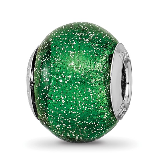 Sterling Silver Reflections Italian Green Silver Glitter Glass Bead