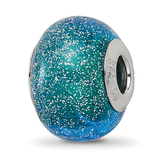 Sterling Silver Reflections Blue Teal Silver Glitter Glass Bead