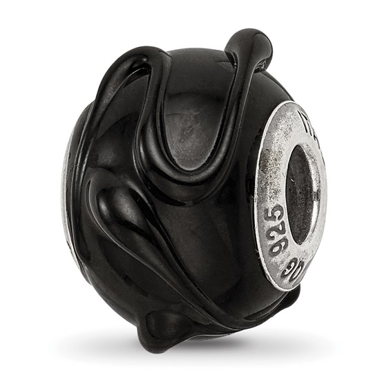 Sterling Silver Reflections Black with Textured Lines Glass Bead