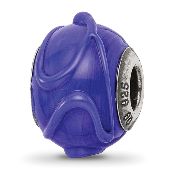 Sterling Silver Reflections Dark Blue with Textured Lines Glass Bead